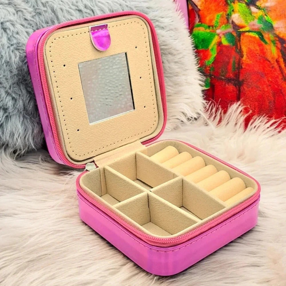 🆕️Compact Travel Jewelry Organizer with Mirror | Cute Pink Metallic Zipper Case - Picture 1 of 15